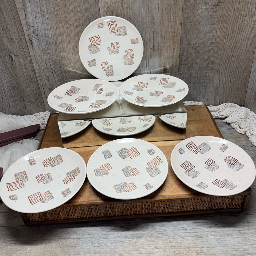 1950 MCM Marcrest Terrace Abstract Tribal  Brown Aqua Bread/Saucers. Set Of 6